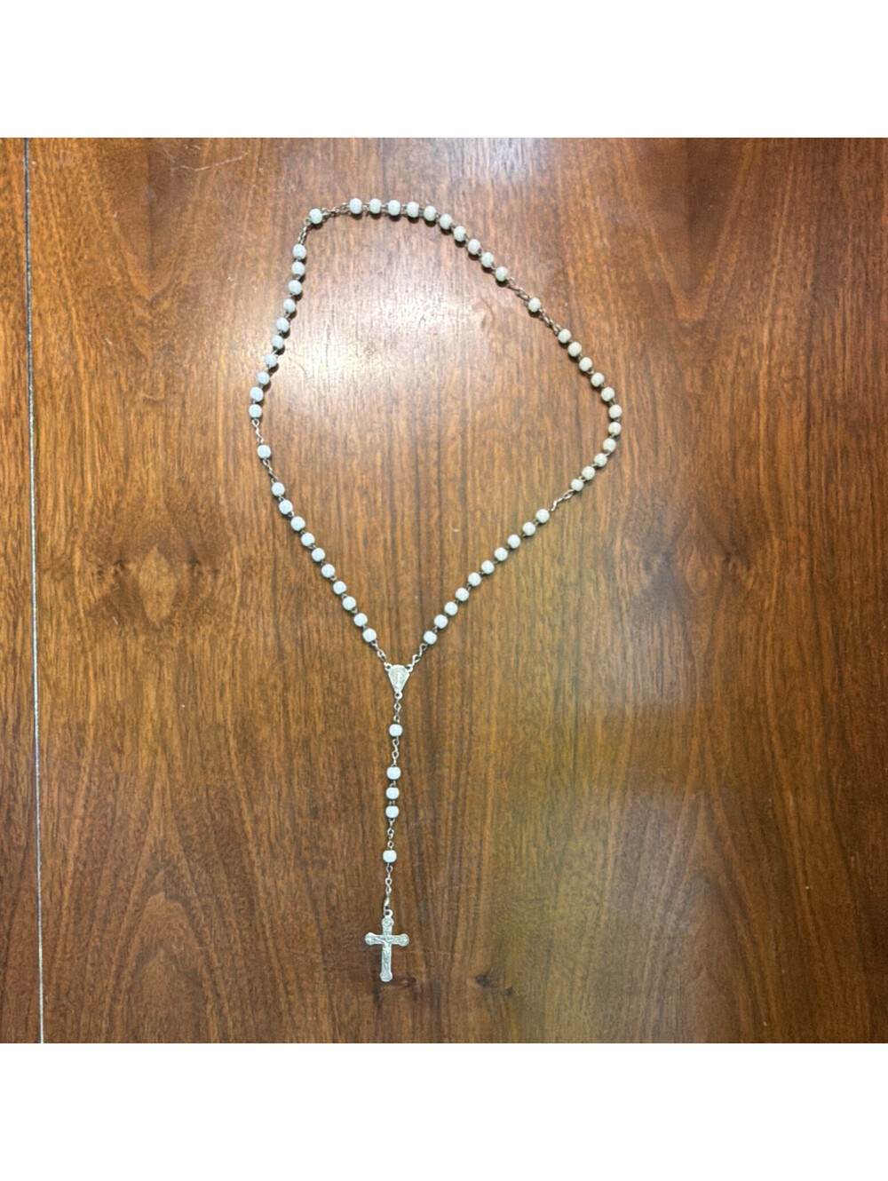 White Bead Rosary with Metal Crucifix Cross Pendant & Center Medal, Christian